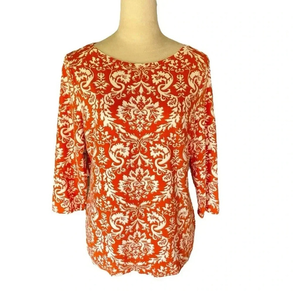 Talbots Women Size L Allover Floral Knit Top Stretch 3/4 Sleeves Cotton Blend - Picture 3 of 7